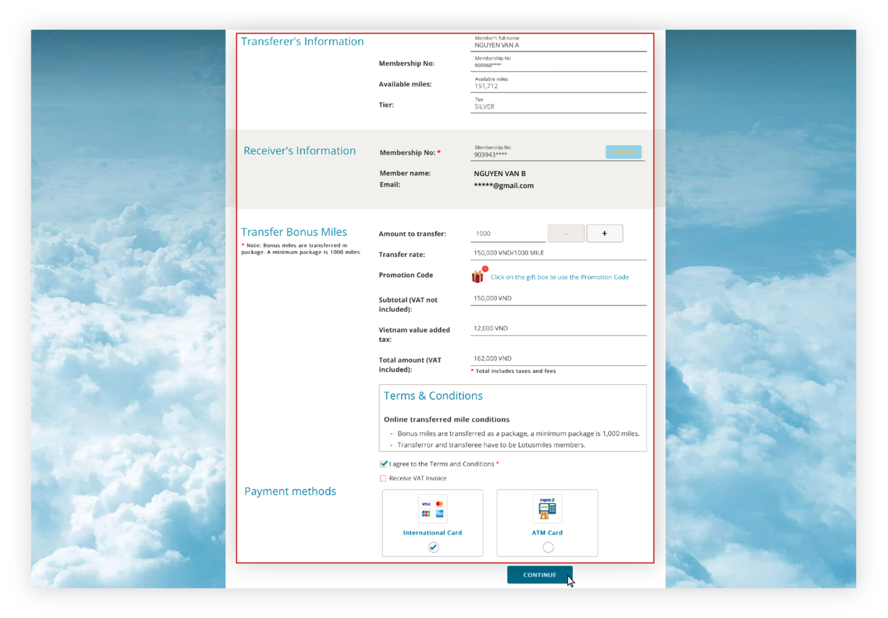 Instructions for transferring bonus miles on the website 5.